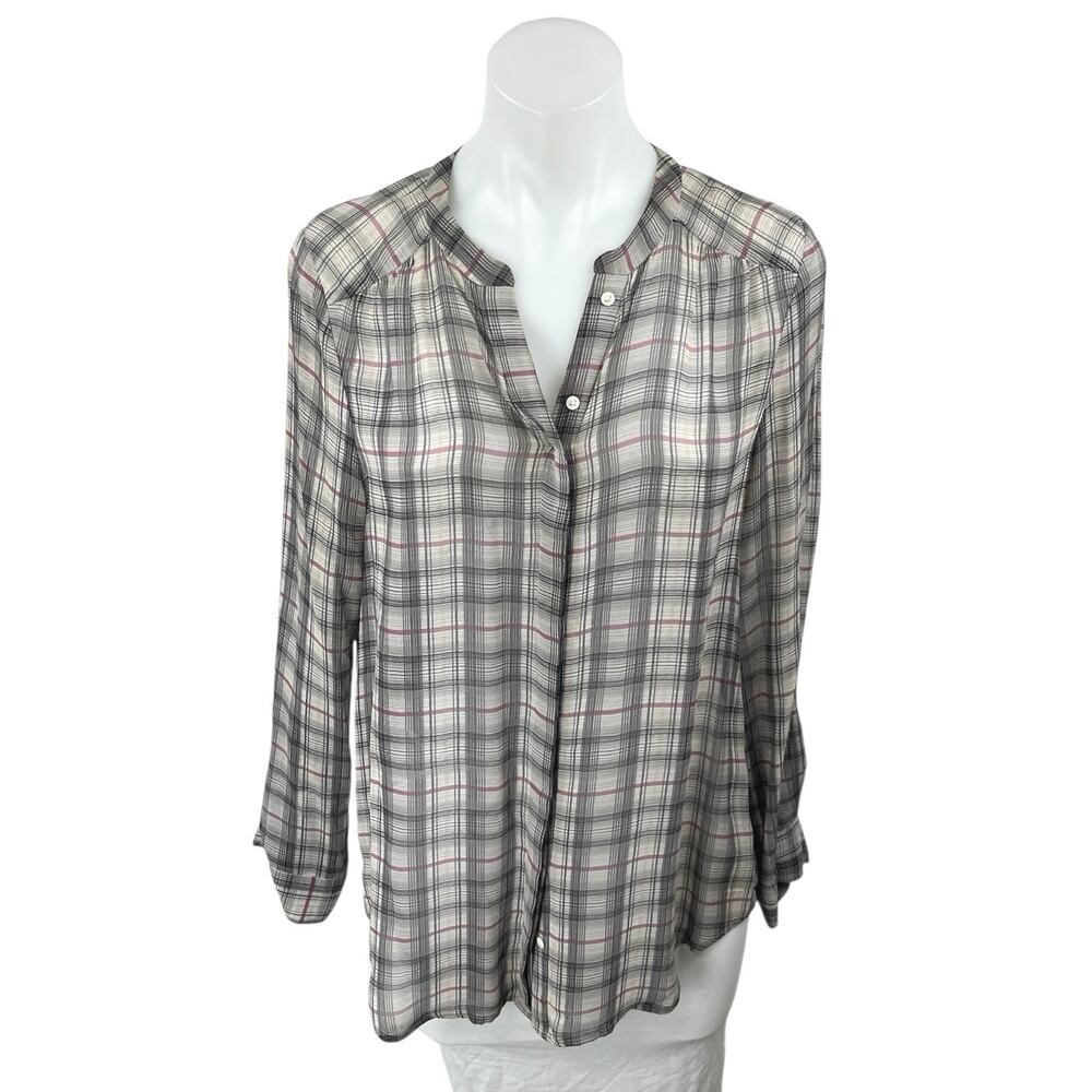 Joie Gray 100% Silk Plaid Checkered Long Sleeve Button Down Shirt Top Size XS
